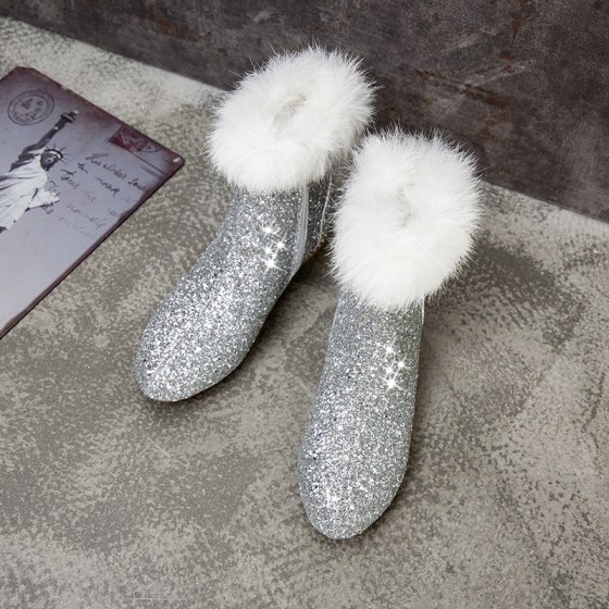 Fashion sequined low heeled rabbit fur short boots